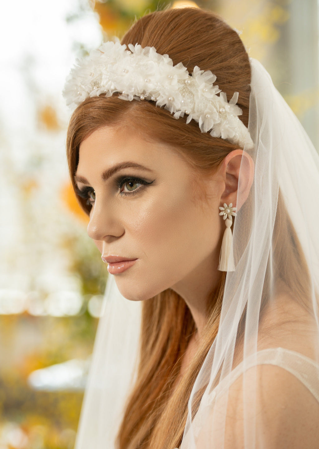 JASMINE Padded Lace Headband with Silk Flowers