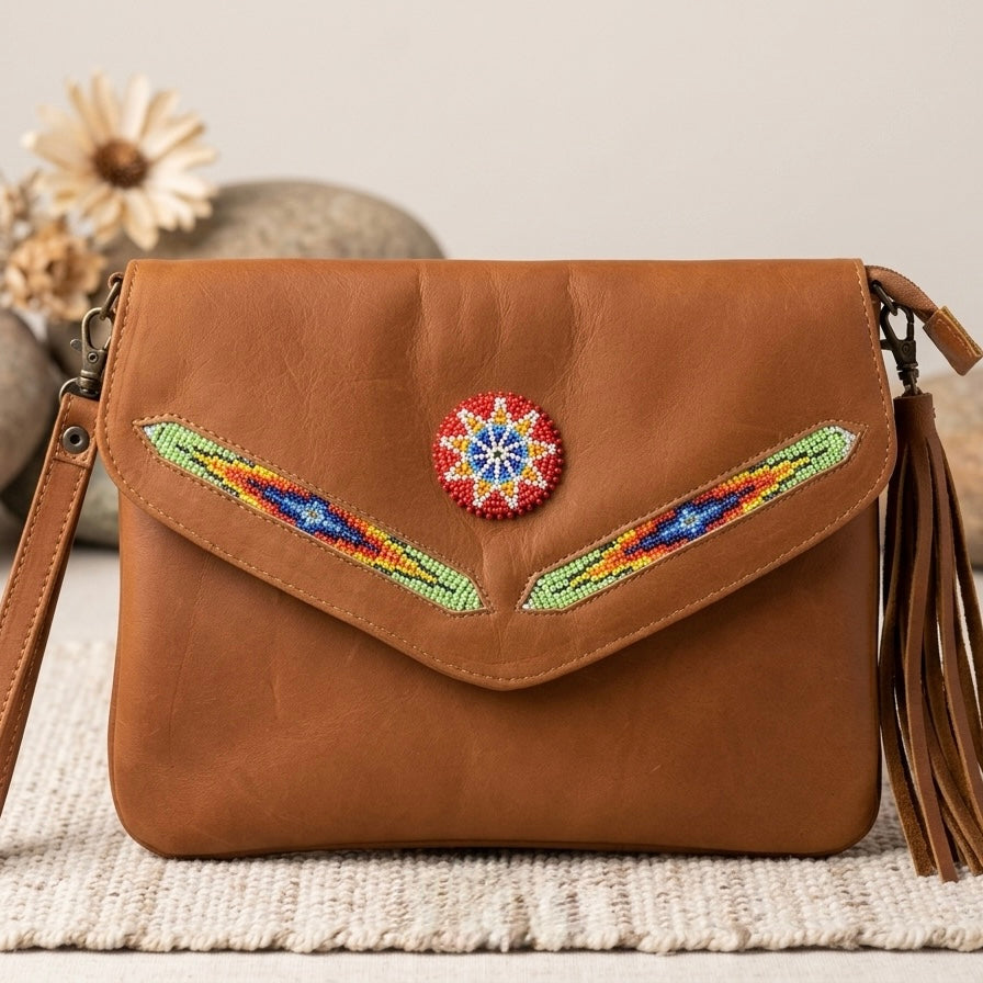 Leather beaded Crossbody bag(Brown)