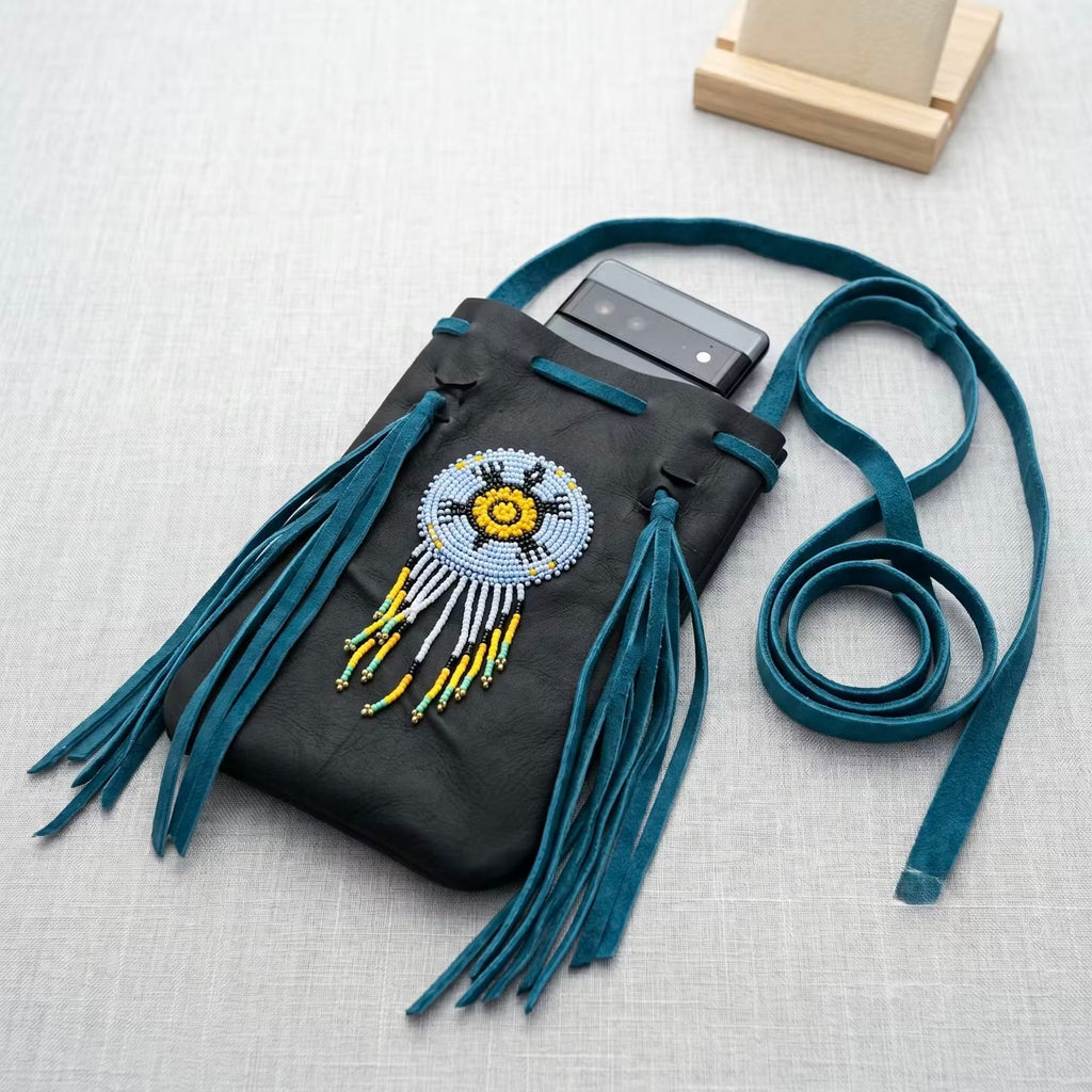 Beaded Suede Phone Pouch ~ Black turquoise