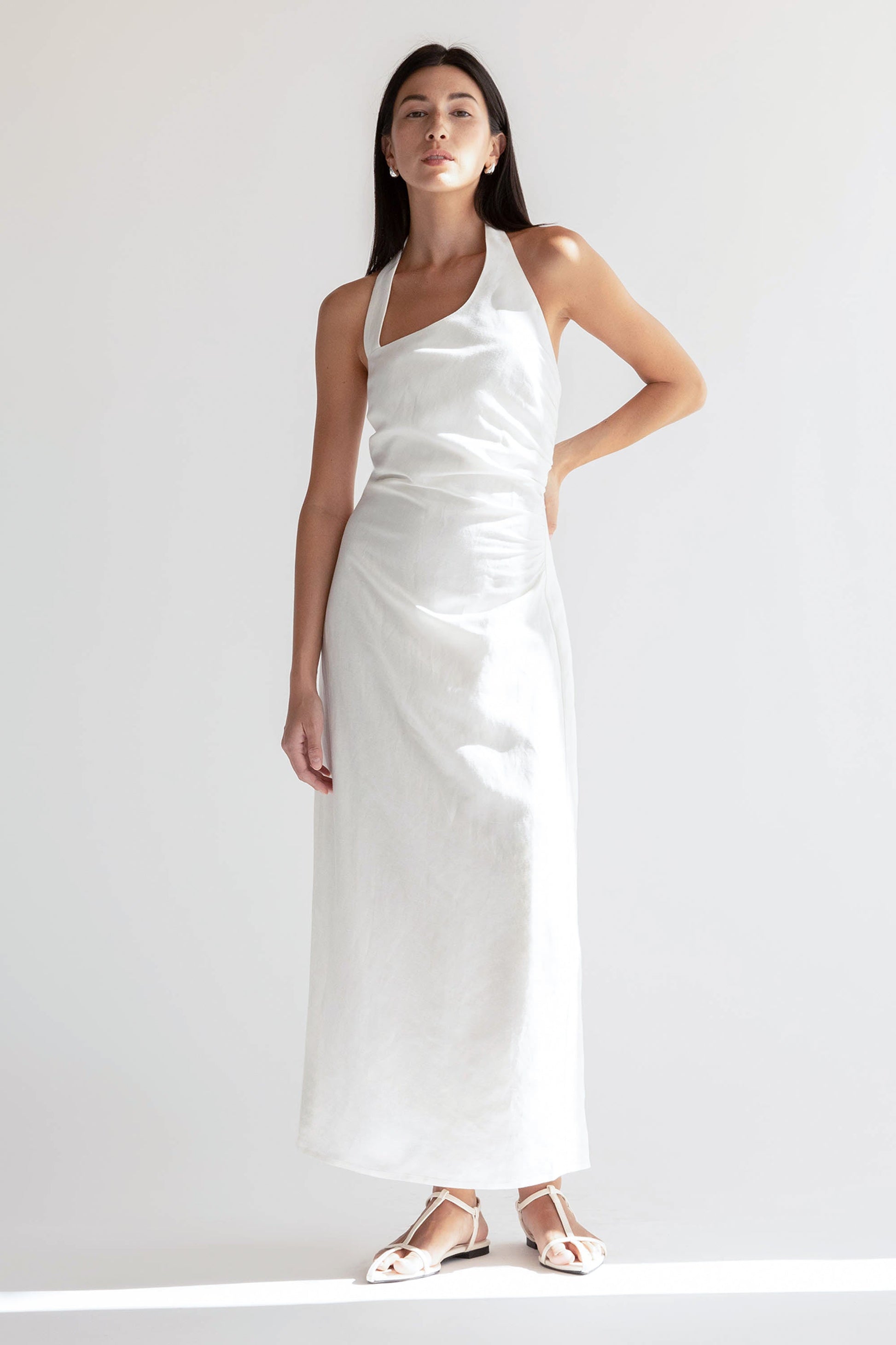 LINEN BLEND ASYMMETRIC HALTER MAXI DRESS Common Goods LINEN BLEND ASYMMETRIC HALTER MAXI DRESS Common Goods