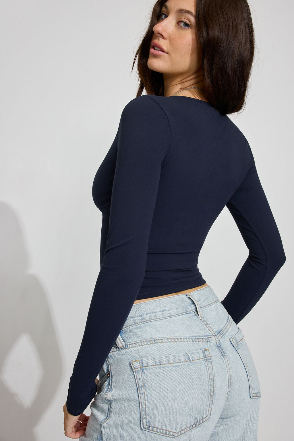 Sleek Plunge Neck Long Sleeve Top