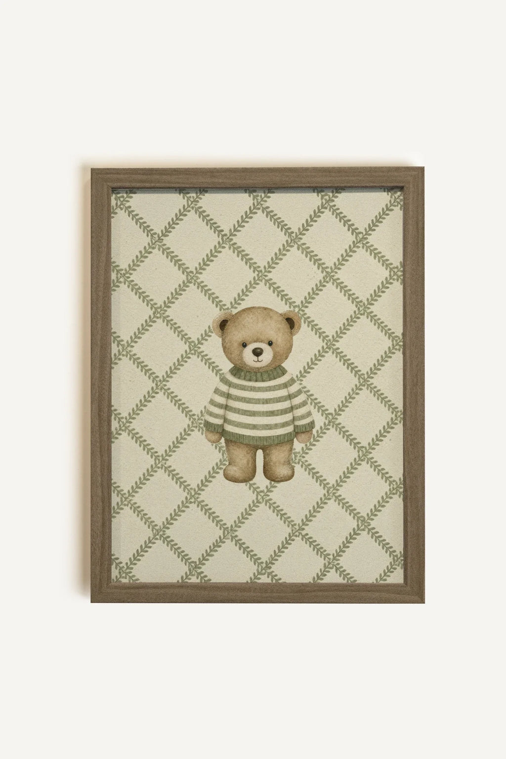 Knitted Bear, Artwork on Stretched Canvas, Framed in Oak Brown (Collective)