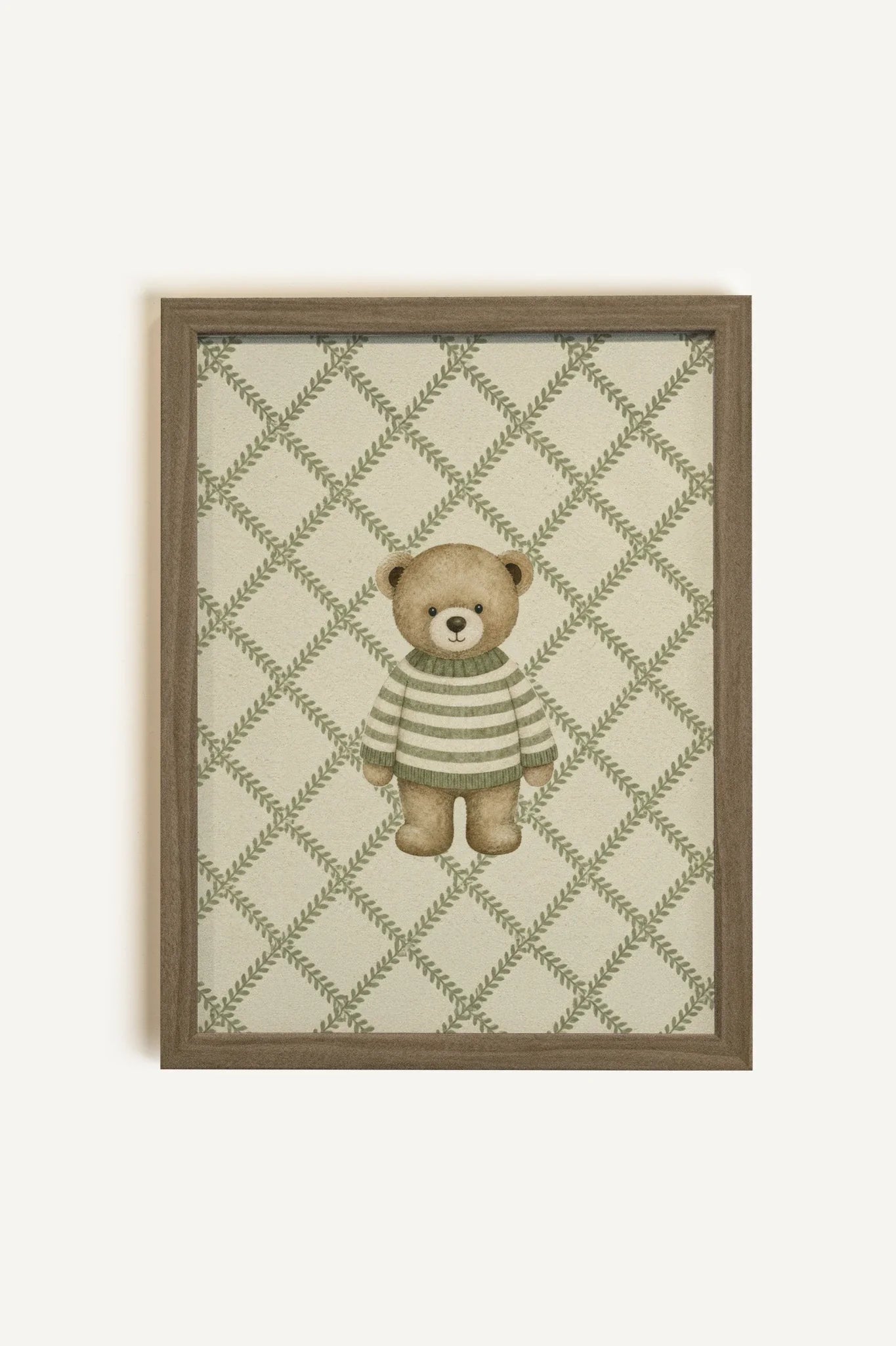 Knitted Bear, Artwork on Stretched Canvas, Framed in Oak Brown (Collective)