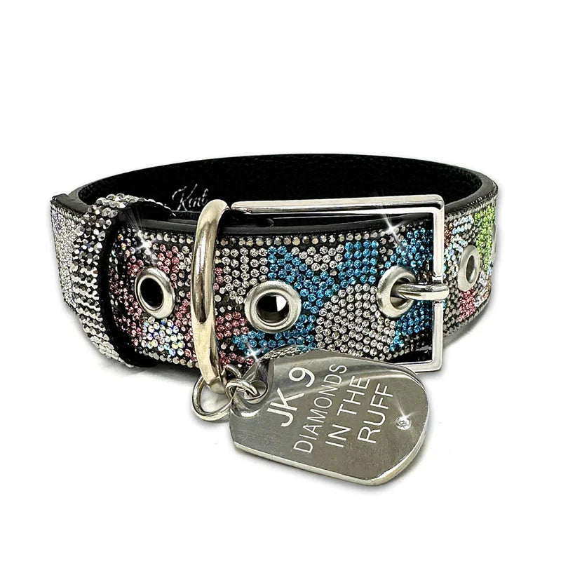 Luxury Hematite Floral Print Dog Collar – Silver Hardware | Soft Vegan Leather, Adjustable Sizes