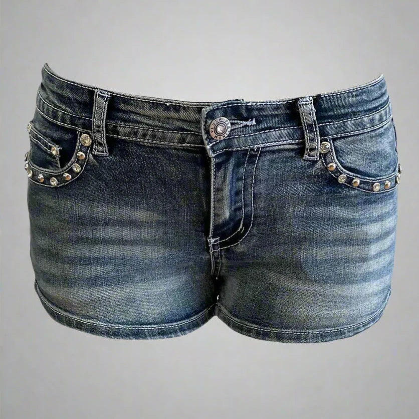Short en jean à motif tête de mort et ailes en strass pour femme, modèle Bus Stop