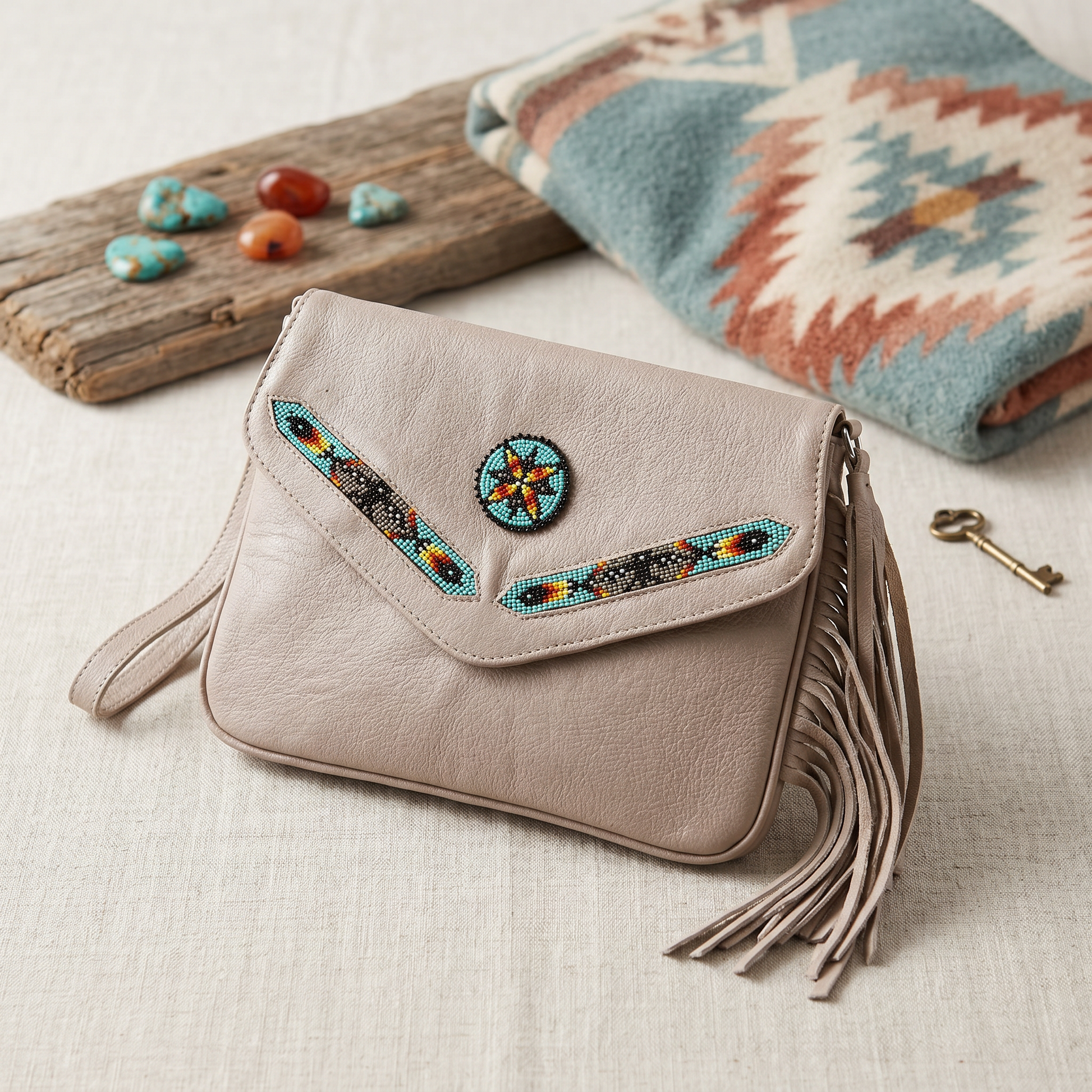 Leather beaded Crossbody bag(Beige)