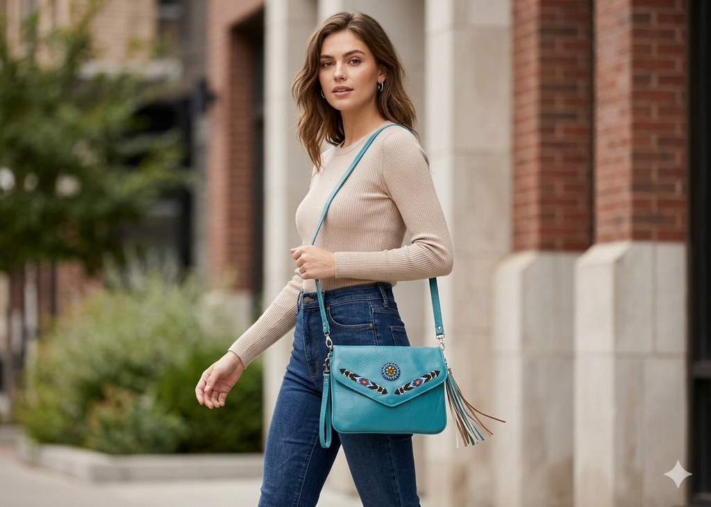 Leather beaded Crossbody bag(Turquoise )
