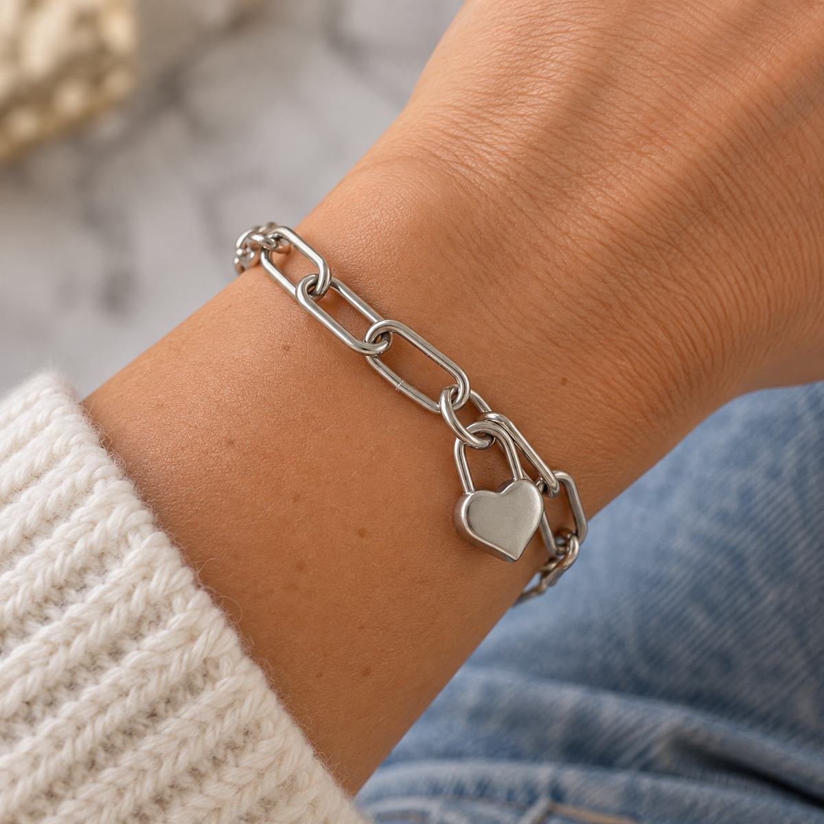 Silver Heart Lock Bracelet