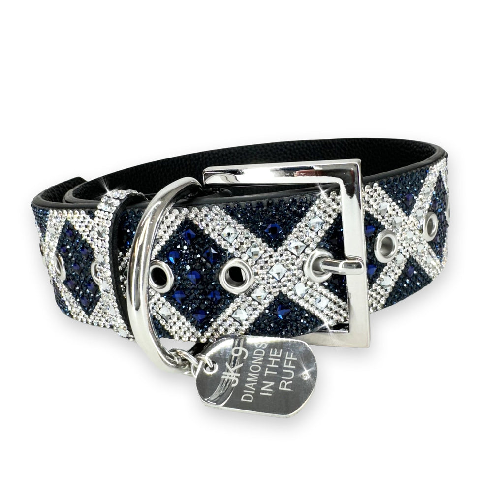 Collier de luxe pour chien à imprimé croix bleu marine – Ferrures argentées | Cuir vegan souple, tailles ajustables