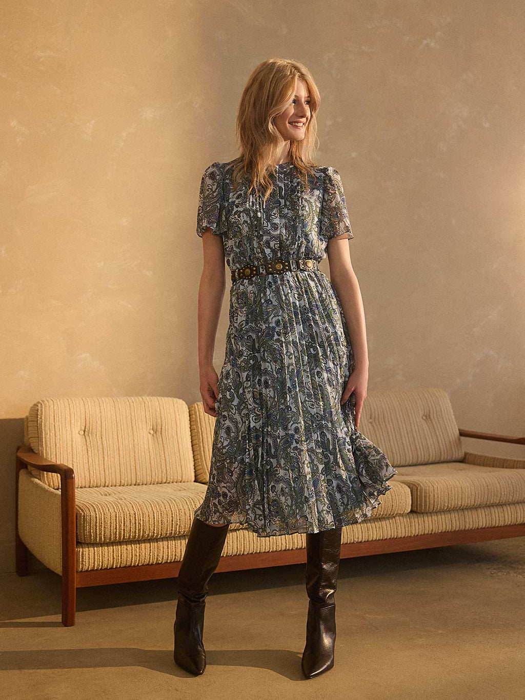 Robe en mousseline plissée à imprimé cachemire