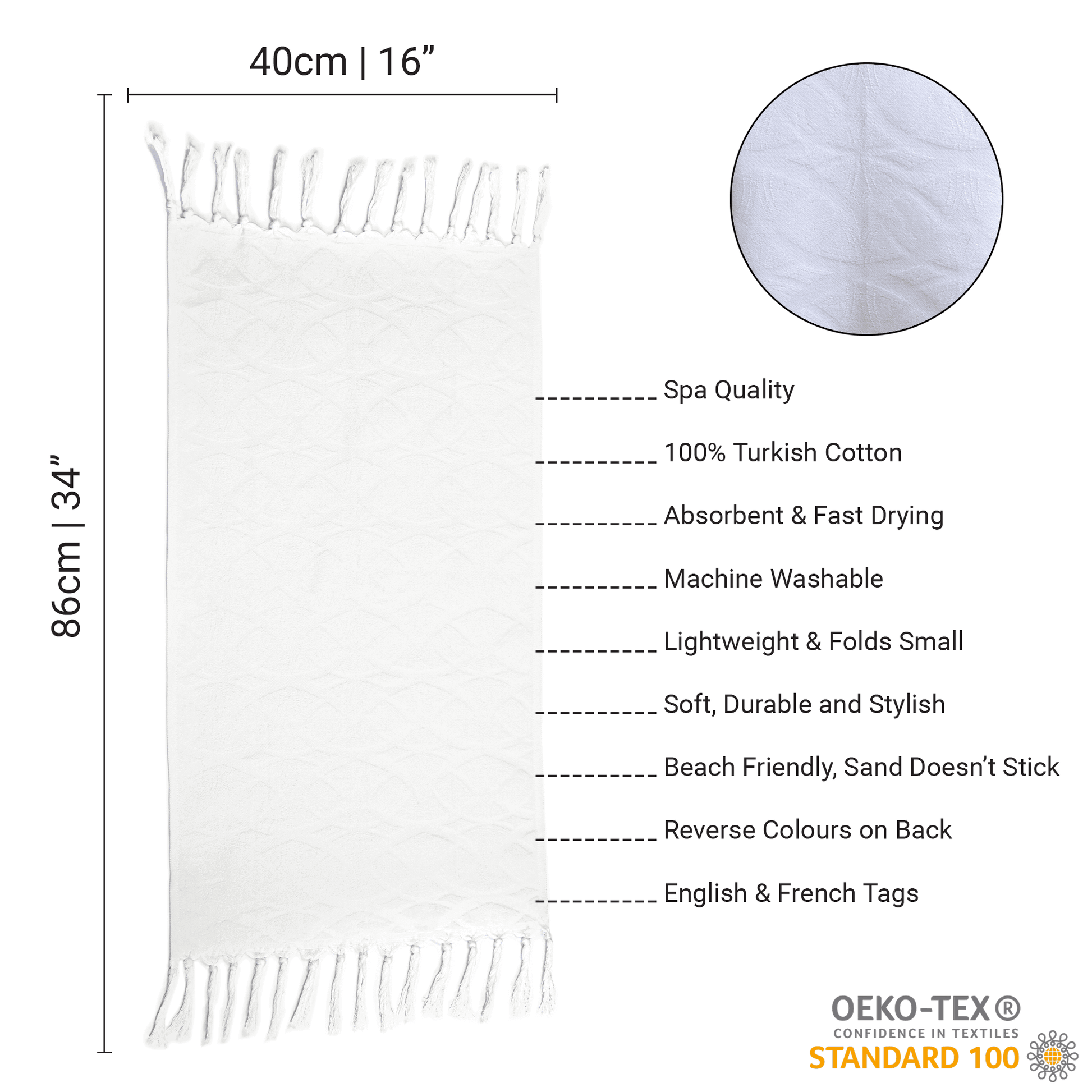 Spa Quality Turkish Hand Towel in White with a Surface Pattern Texture