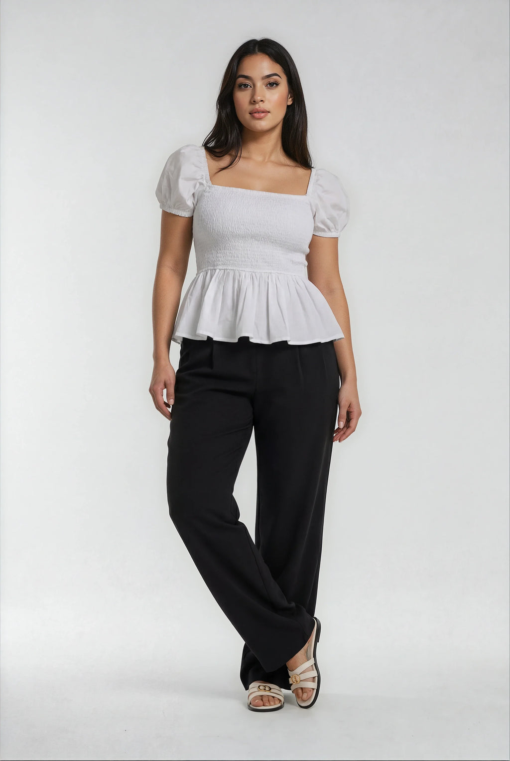 Sera – Cotton Poplin Puff Sleeve Peplum Blouse Top In White