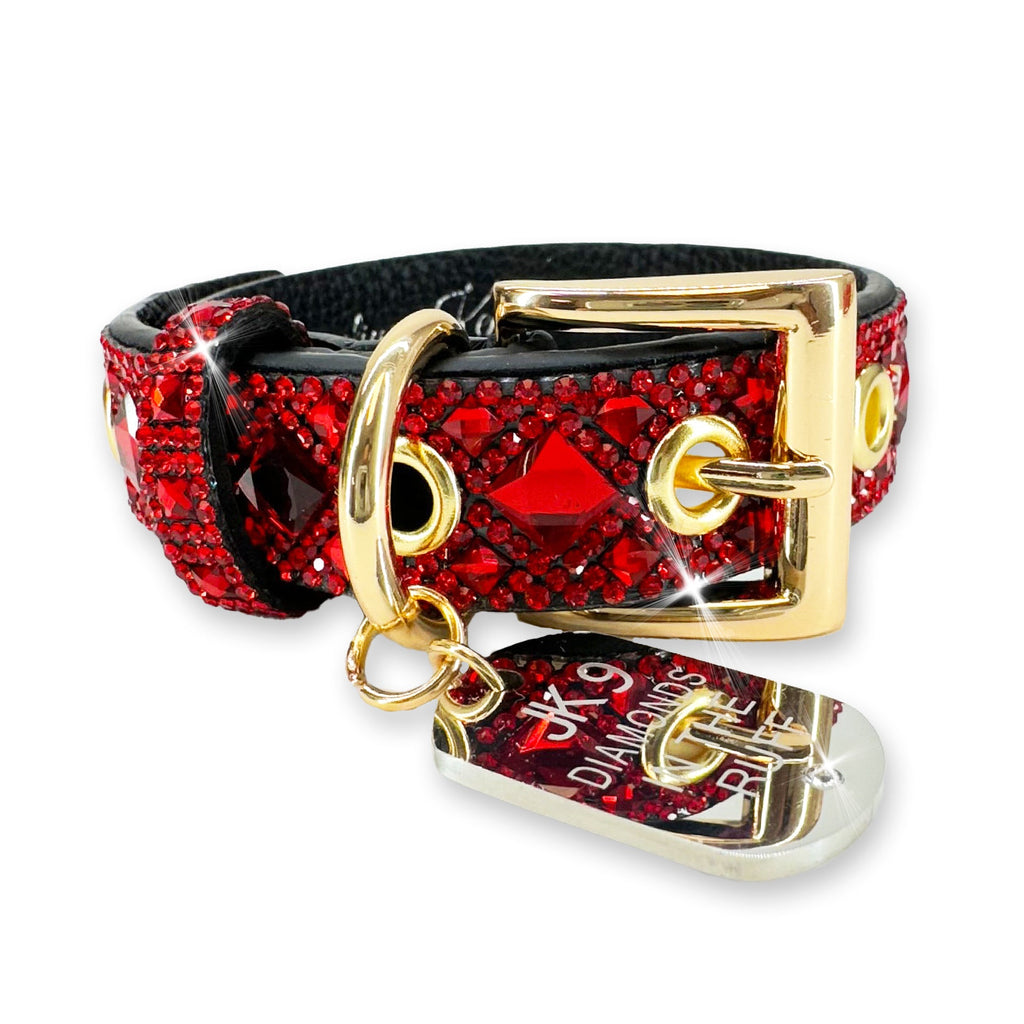 Luxury Ruby Red Print Dog Collar – Gold Hardware | Soft Vegan Leather, Adjustable Sizes