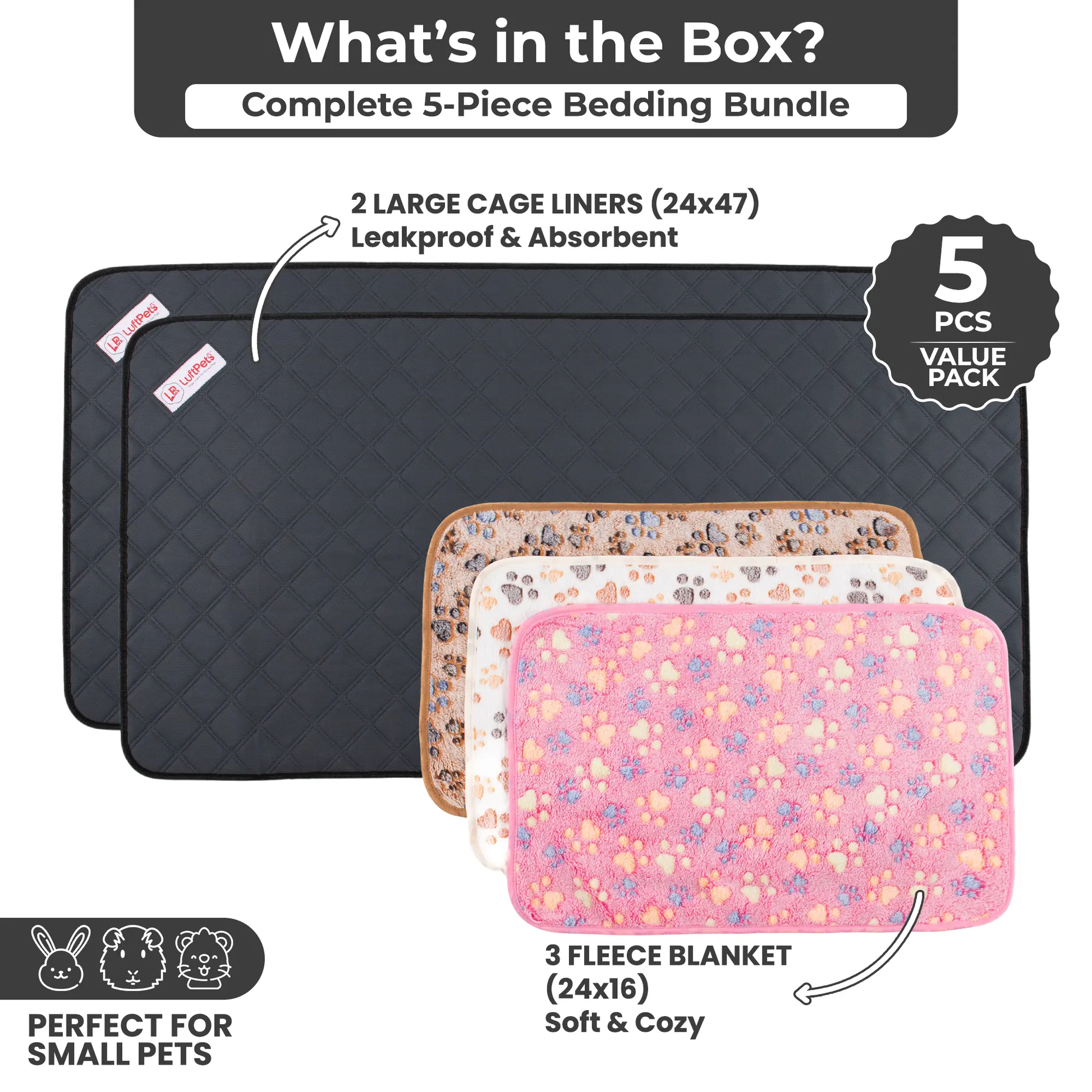 5-Piece Fleece Bedding Set – Perfect for Guinea Pigs, Rabbits,  Dogs & Cats- Value Pack LUFTPETS