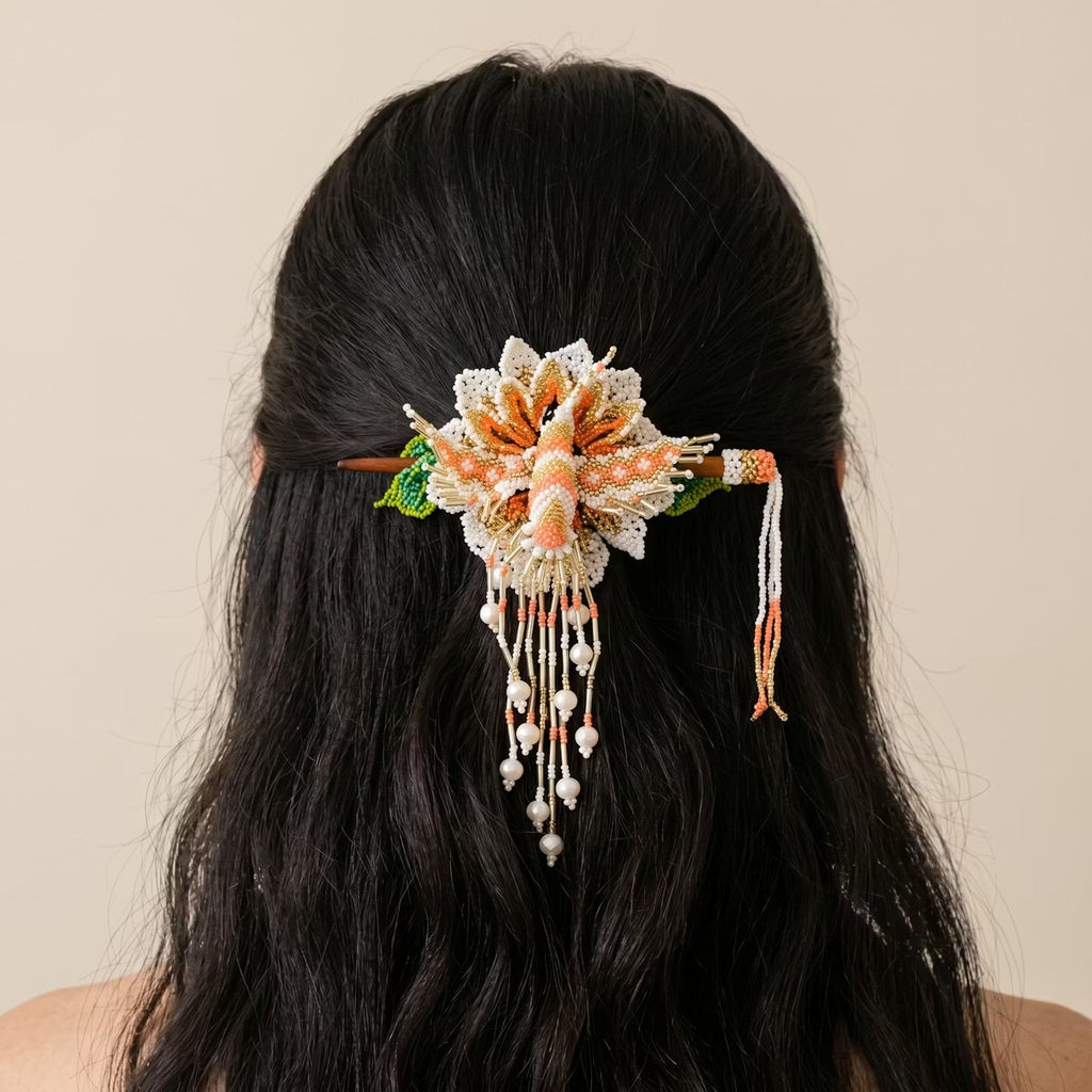 Maple Blossom Hummingbird Beaded Hair Stick Barrette White