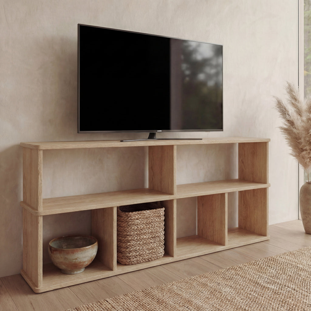 65 Inch Bookshelf TV Stand in White Oak