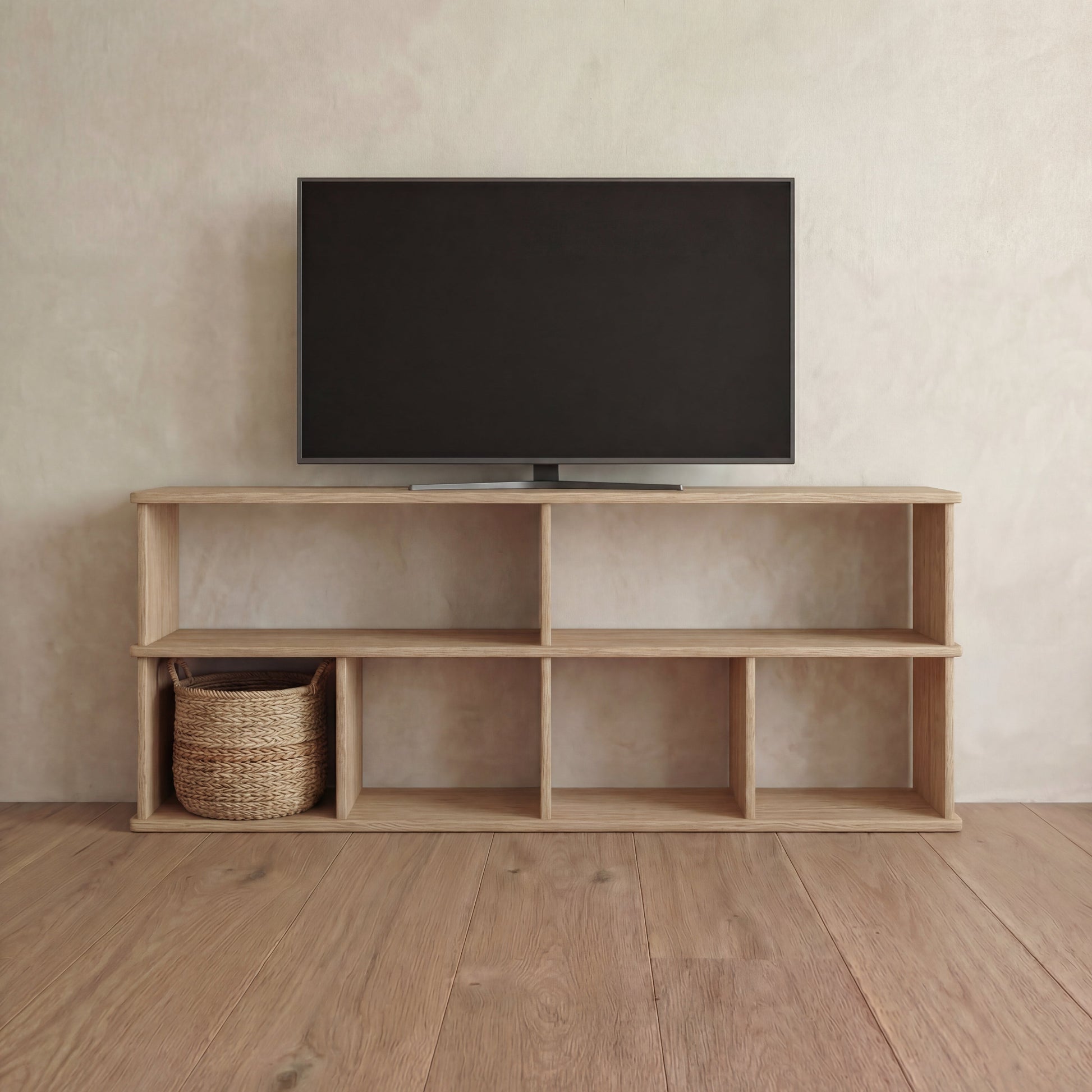65 Inch Bookshelf TV Stand in White Oak