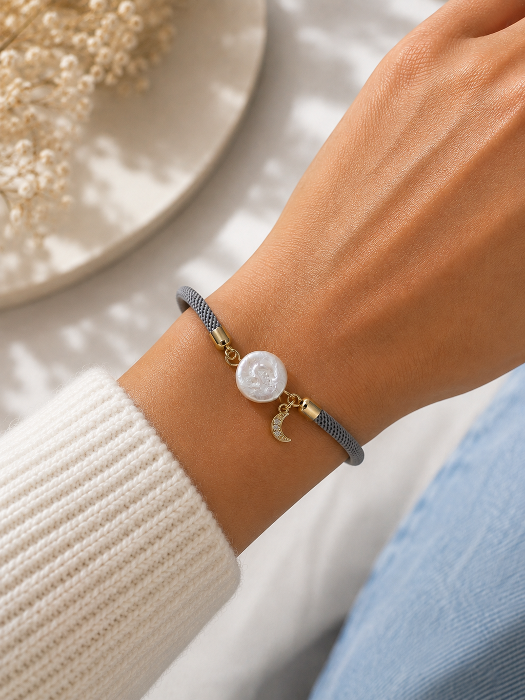 Bracelet cordon perle et lune Keshi