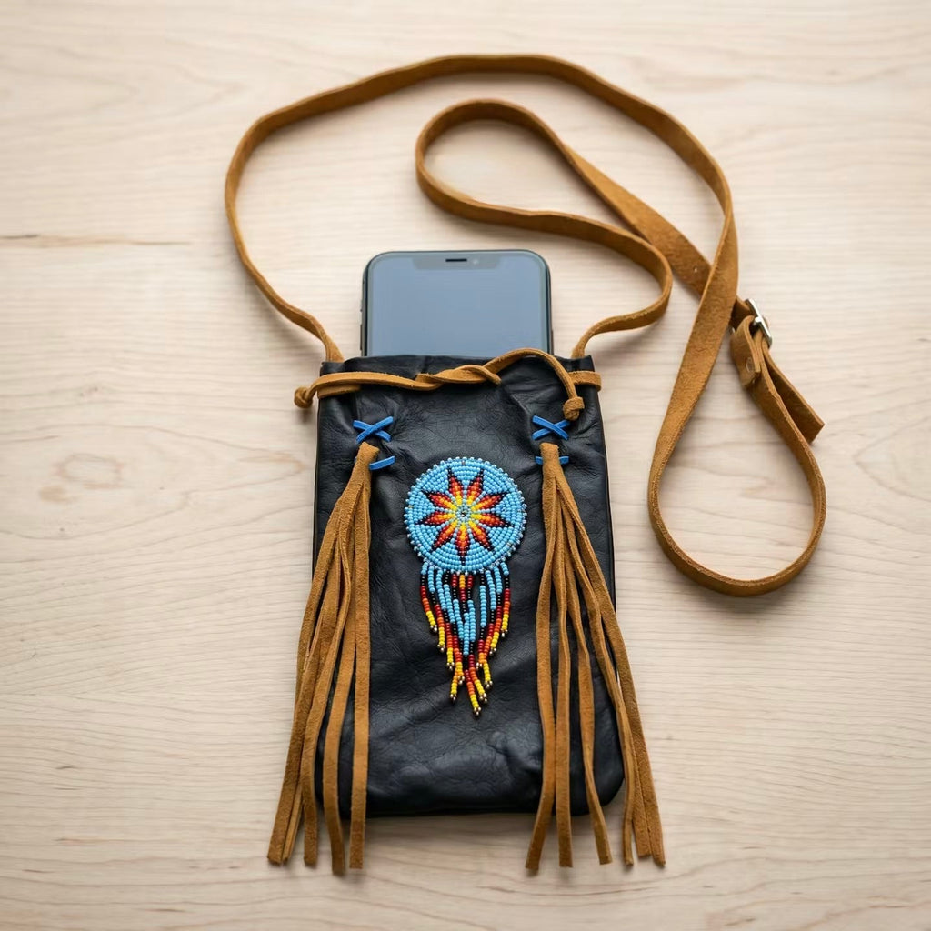 Beaded Suede Phone Pouch ~ Black