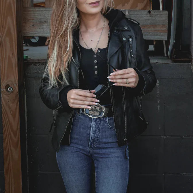 Veste de moto classique en cuir à capuche pour femme Open Road