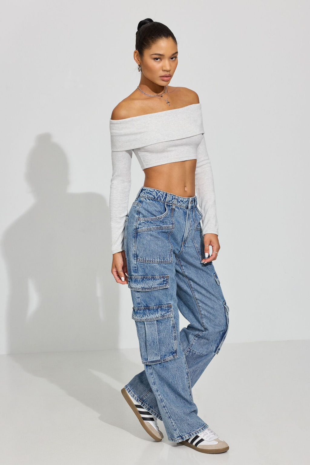 Jean cargo large taille haute