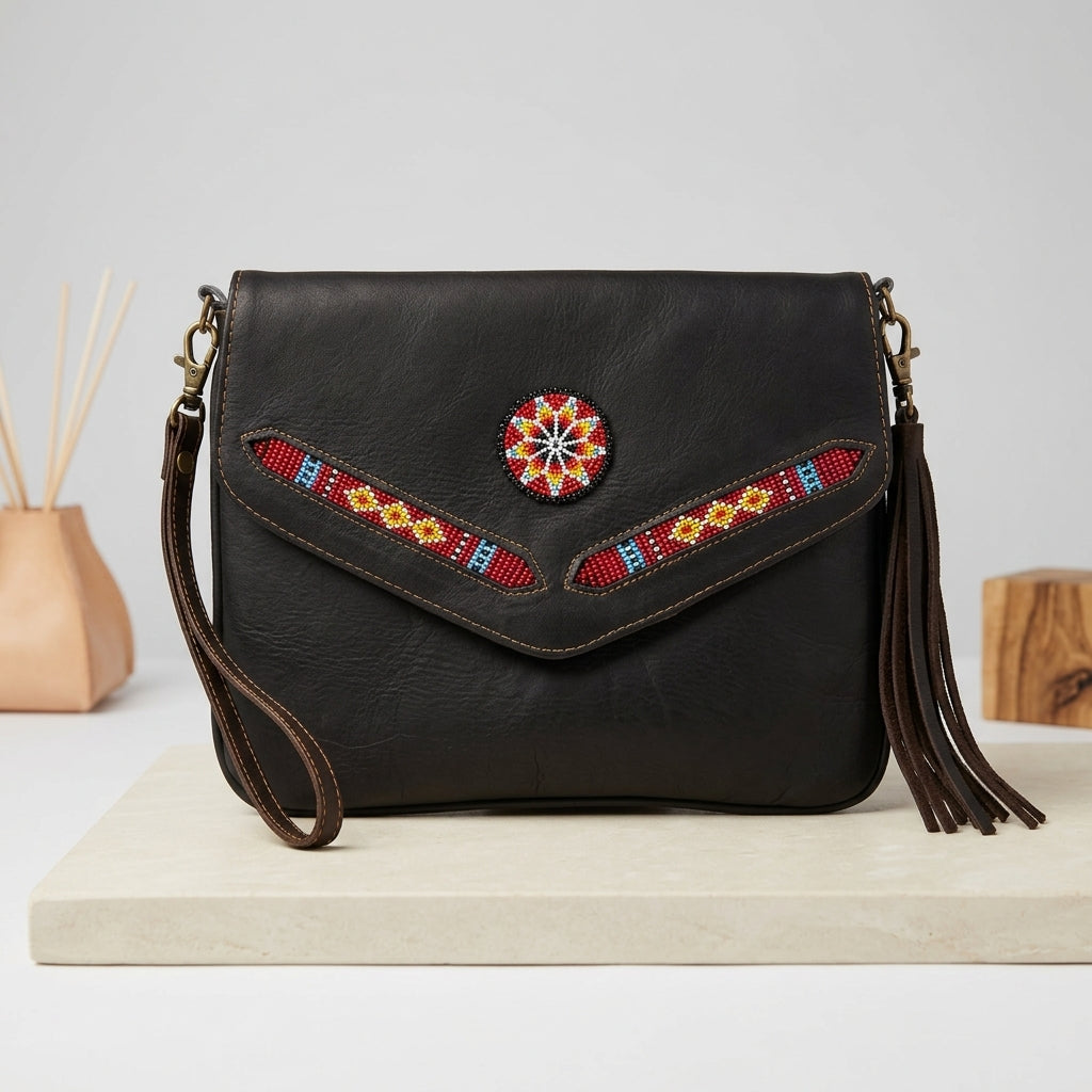 Leather beaded Crossbody bag(Chocolate Brown)