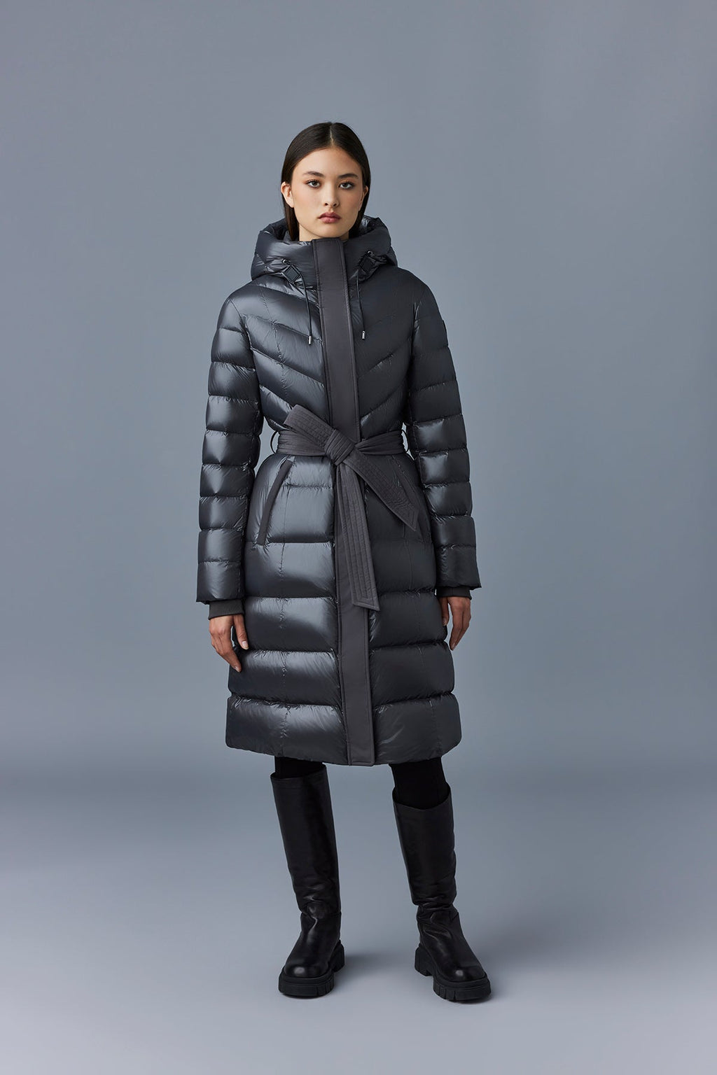 CORALIA down coat with hood and sash belt