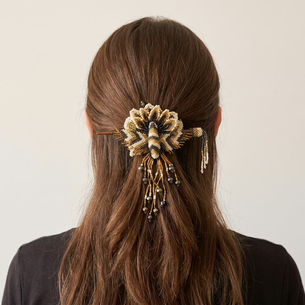 Maple Blossom Hummingbird Beaded Hair Stick Barrette White