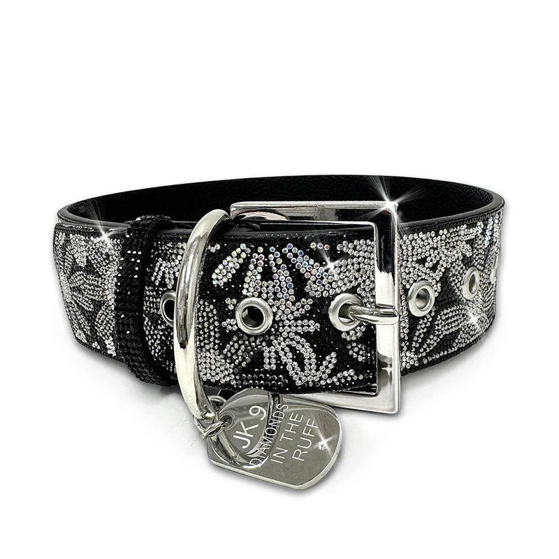 Luxury Black Floral Print Dog Collar – Silver Hardware | Soft Vegan Leather, Adjustable Sizes