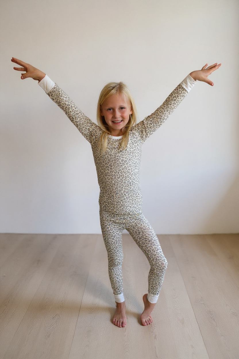 Pyjama deux pièces en bambou pour enfant, motif léopard abricot