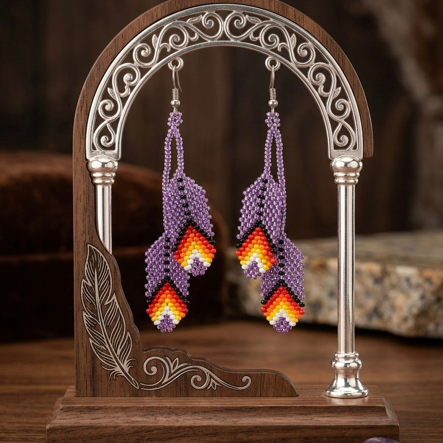 OldTribes™  Purple Beaded Feather Earrings