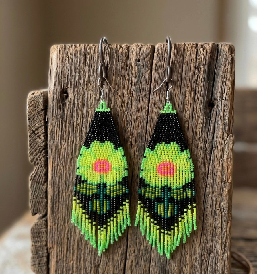 Flower Beaded Earrings ( Green )