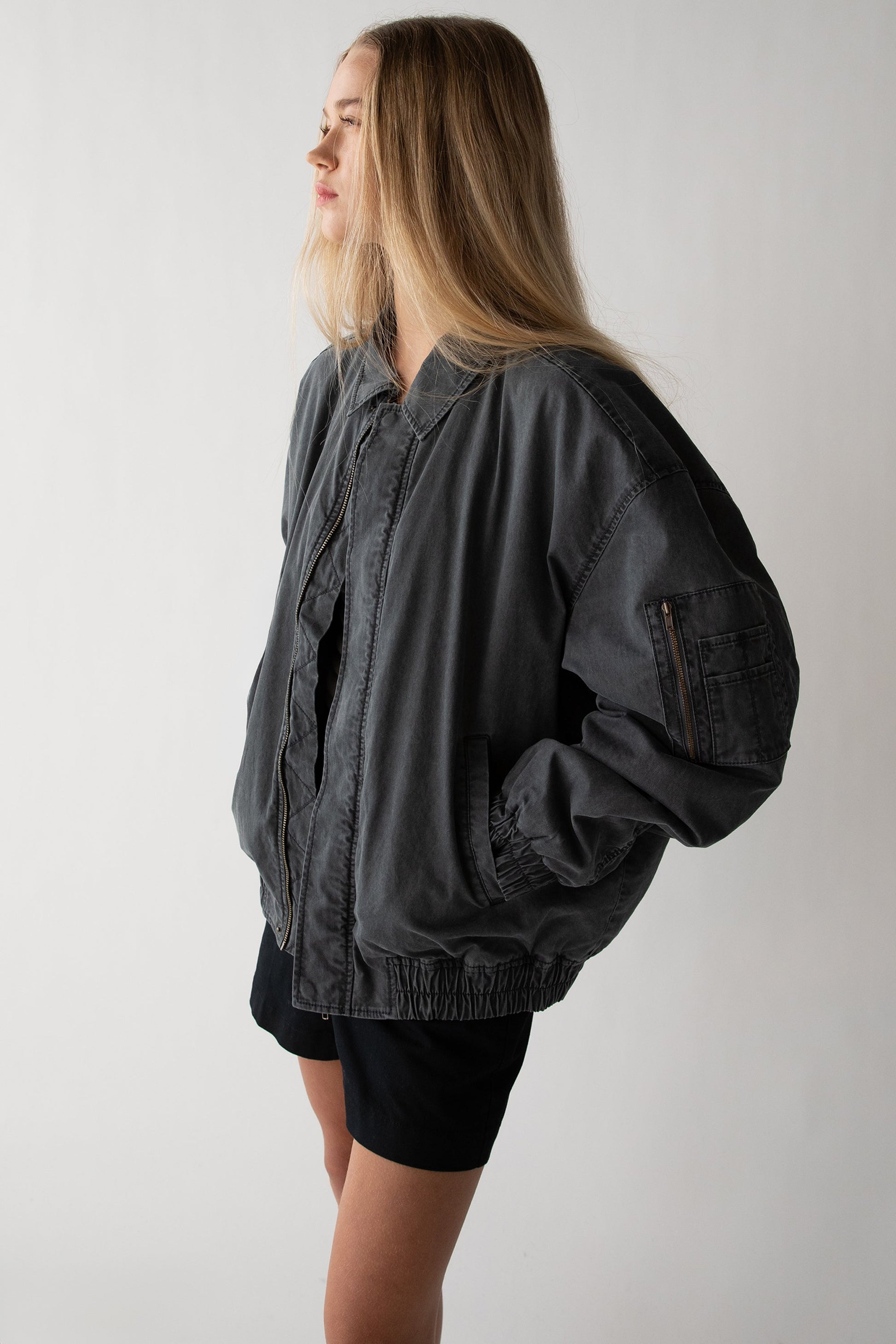 WASHED EFFECT COTTON UTILITY BOMBER JACKET