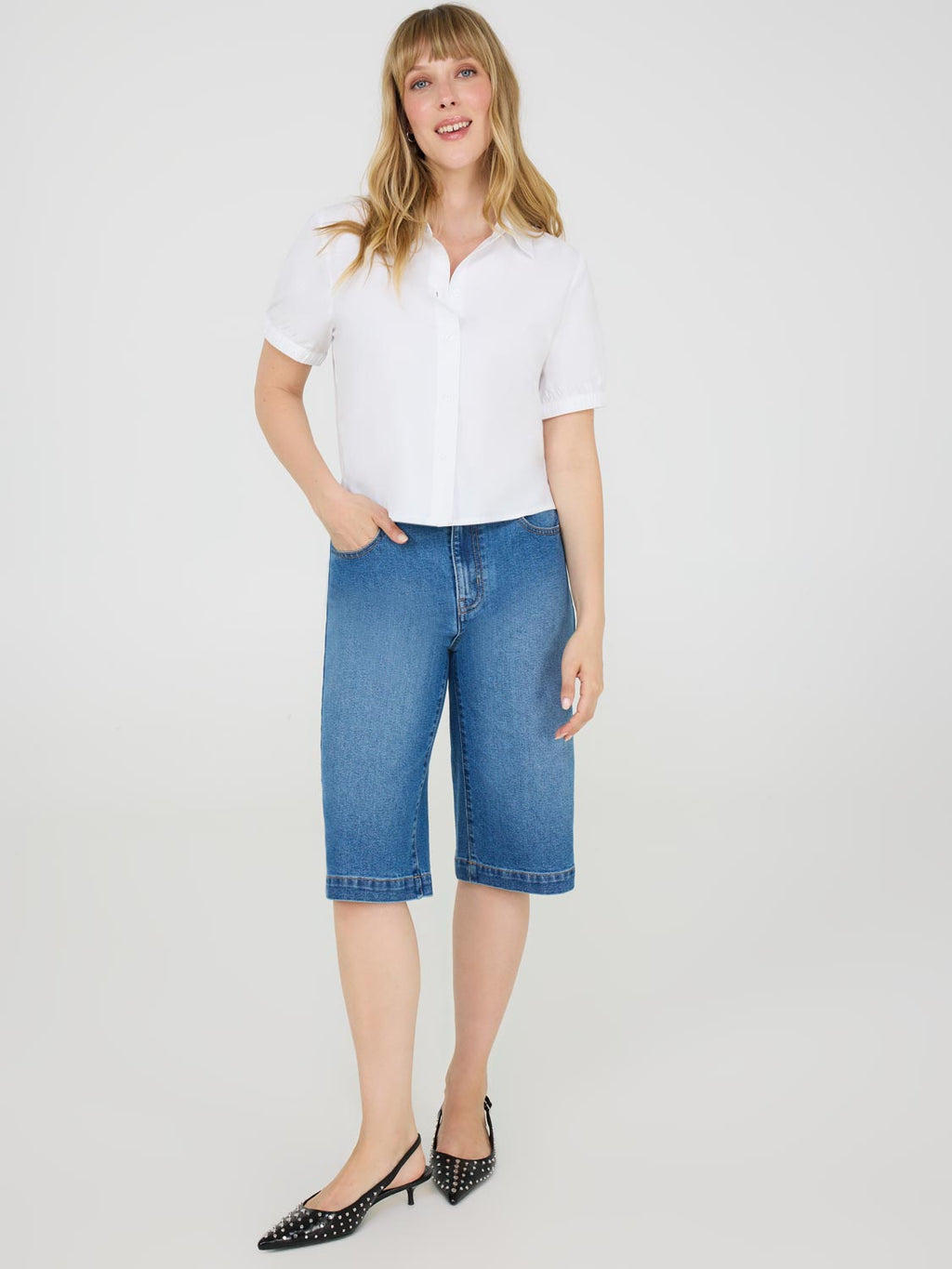 Wide-Leg Denim Bermuda Shorts