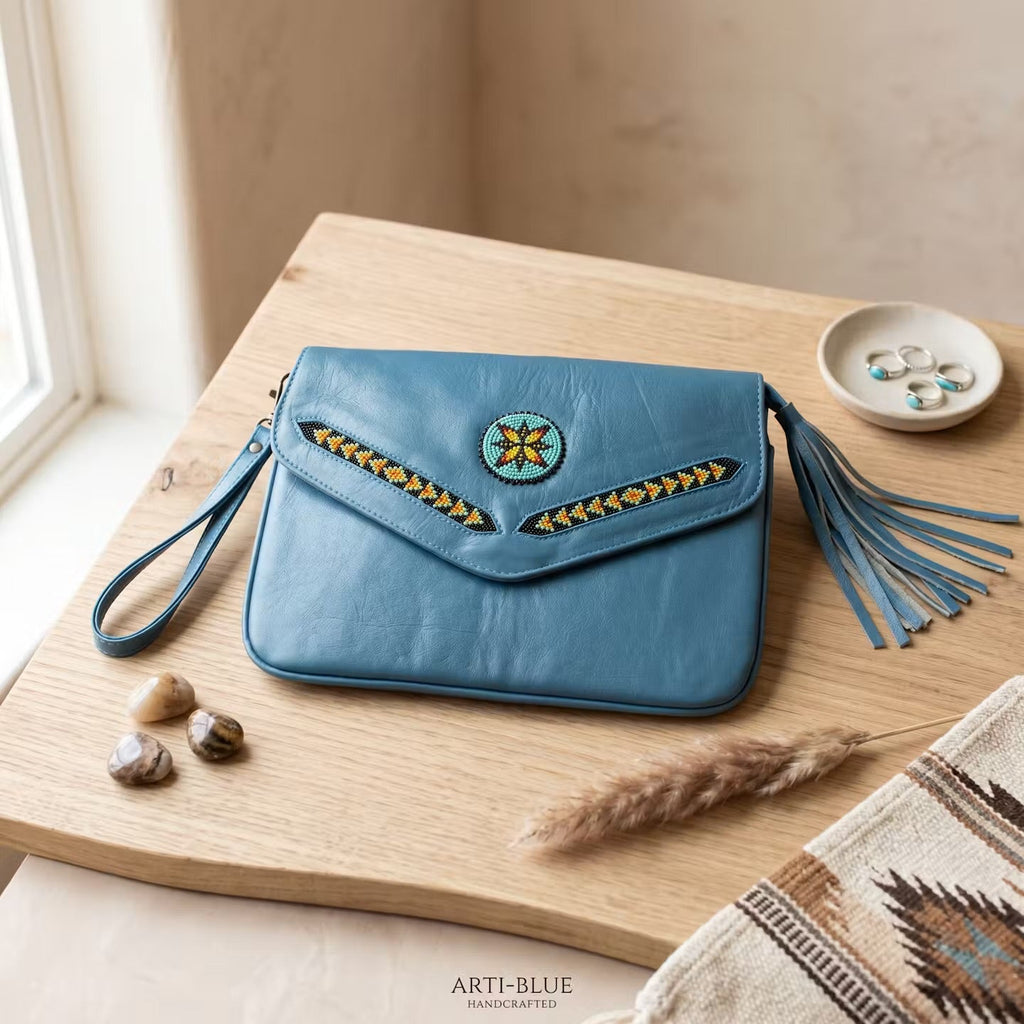 Leather beaded Crossbody bag(Turquoise )