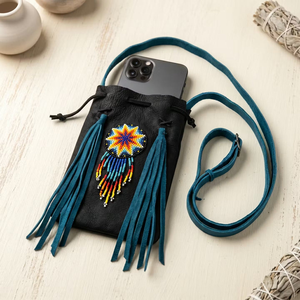 Beaded Suede Phone Pouch ~ Black turquoise