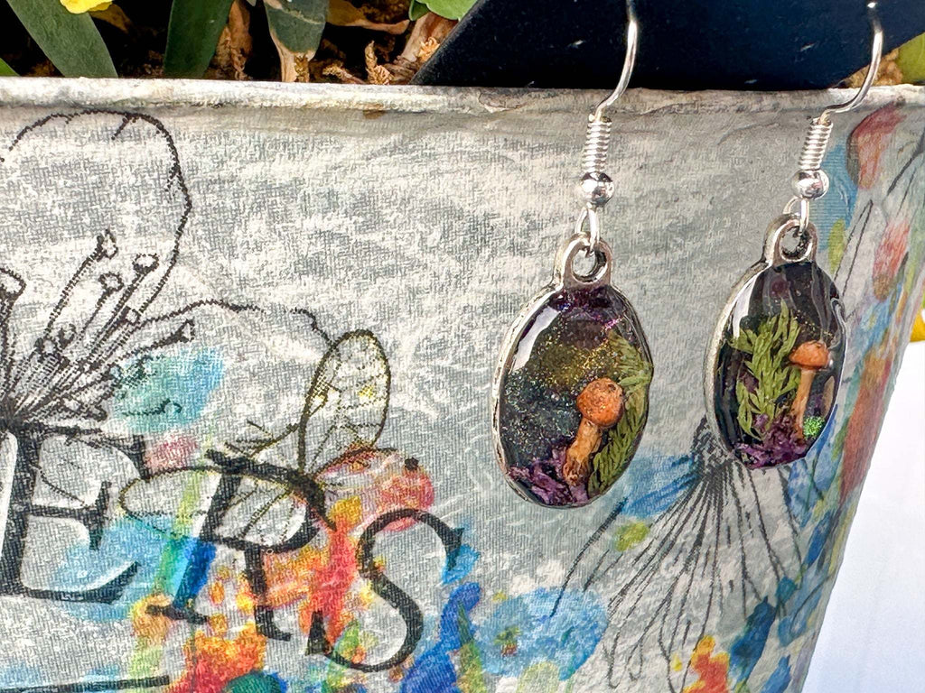 Mushroom Forest: Whimsical Drop Earring Set with Dried Botanicals
