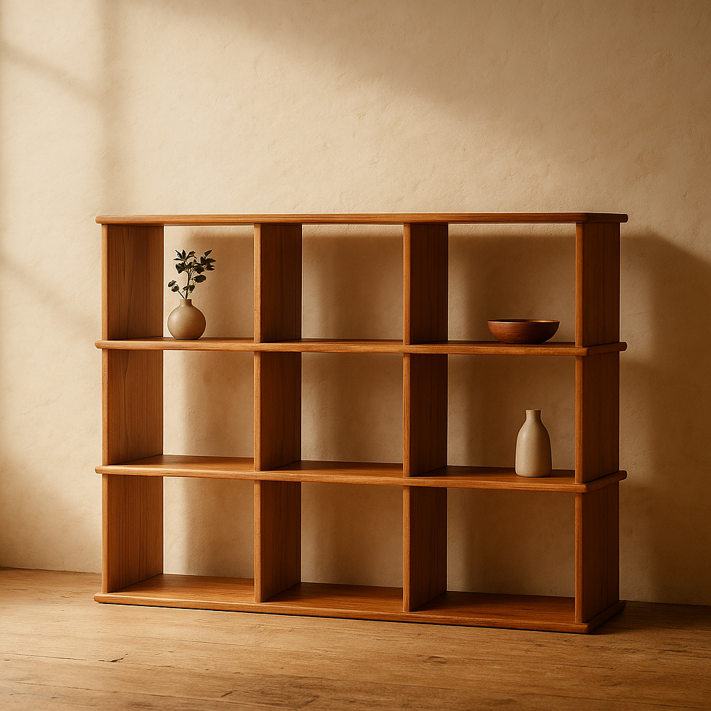 Nine cube bookshelf in red oak