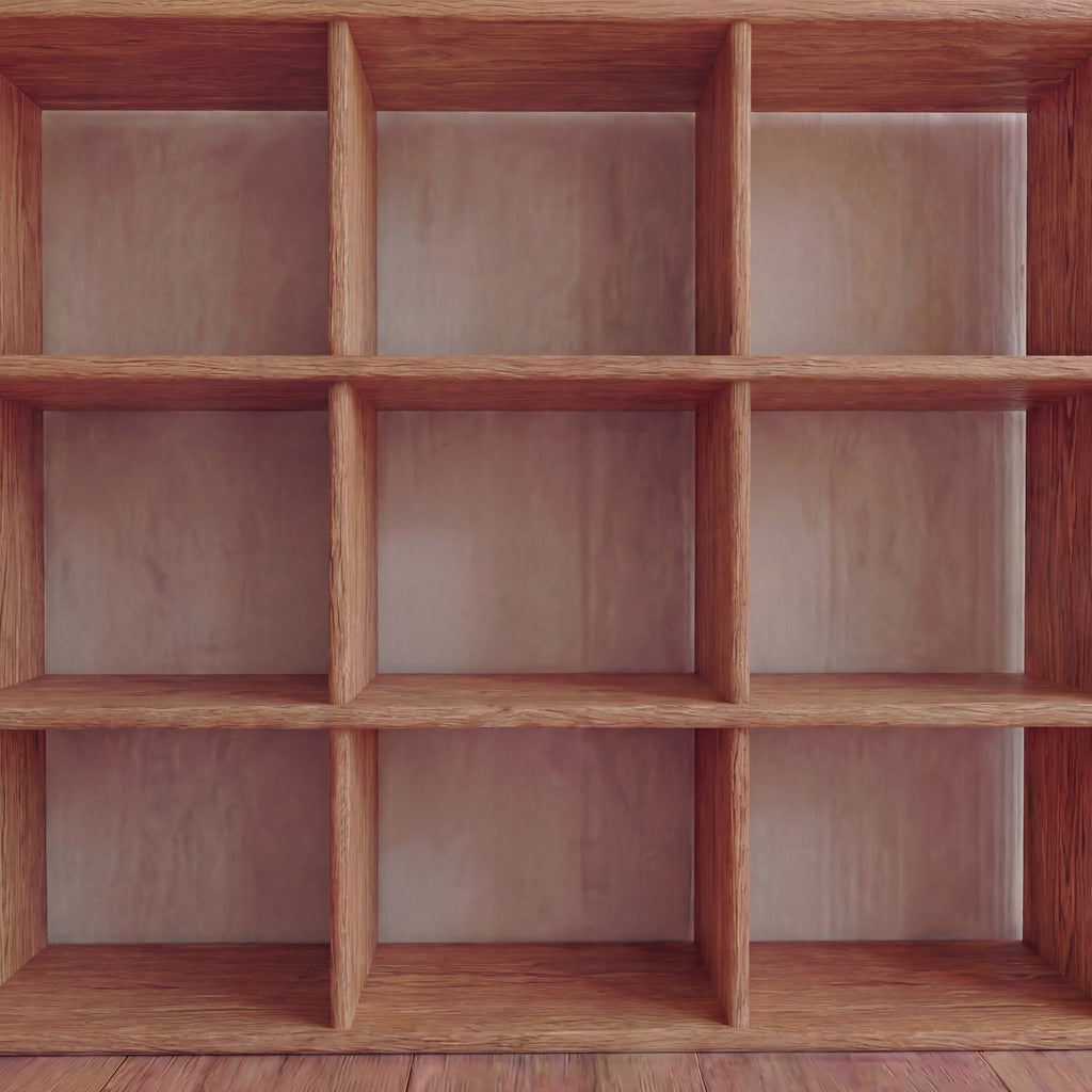 Nine cube bookshelf in red oak