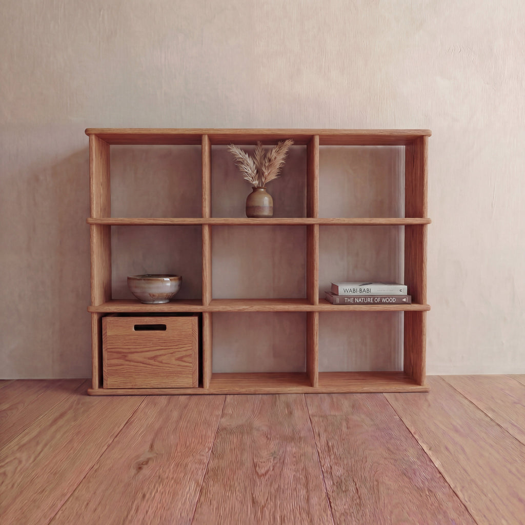 Nine cube bookshelf in red oak