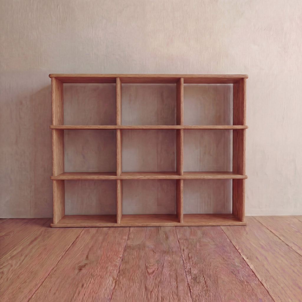 Nine cube bookshelf in red oak
