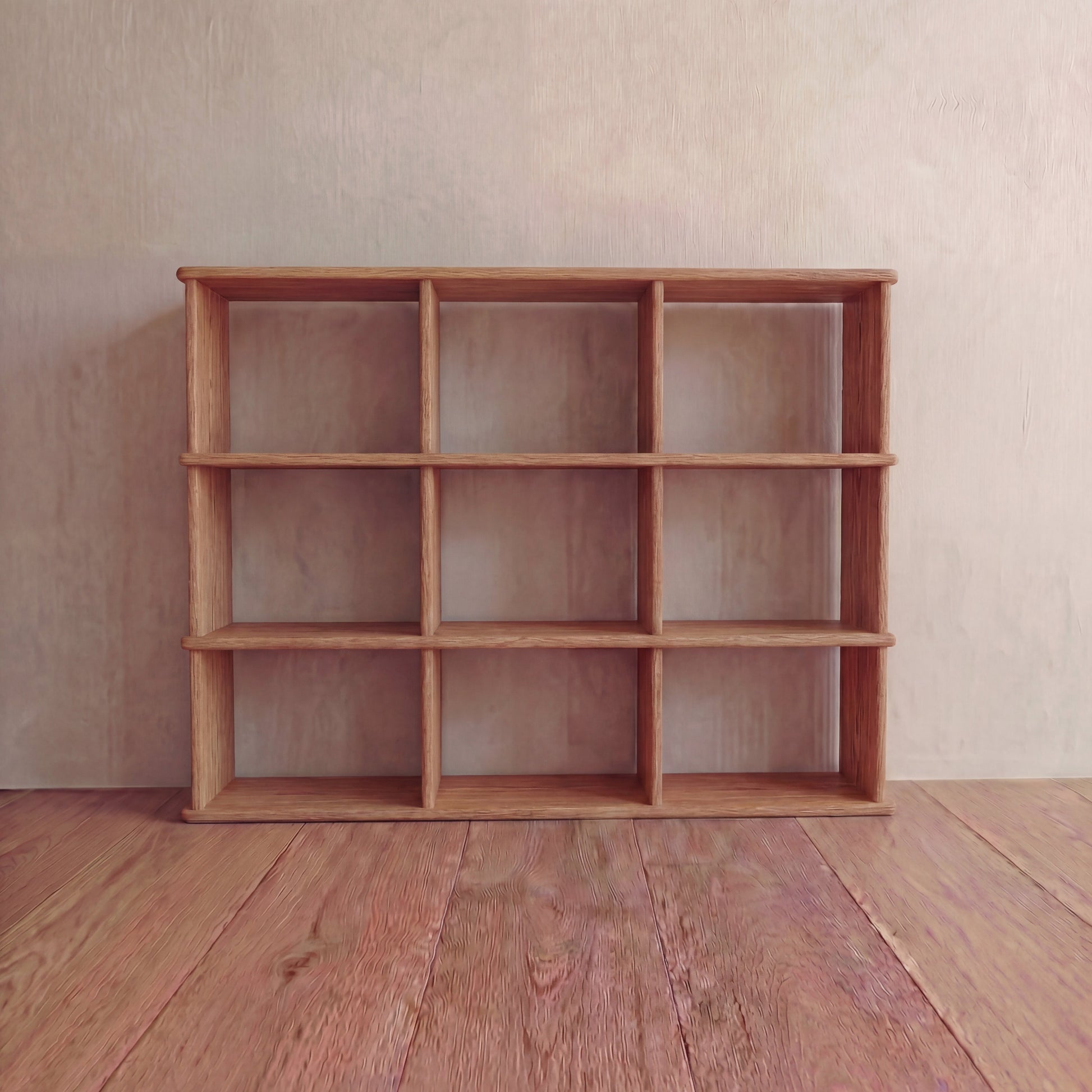 Nine cube bookshelf in red oak