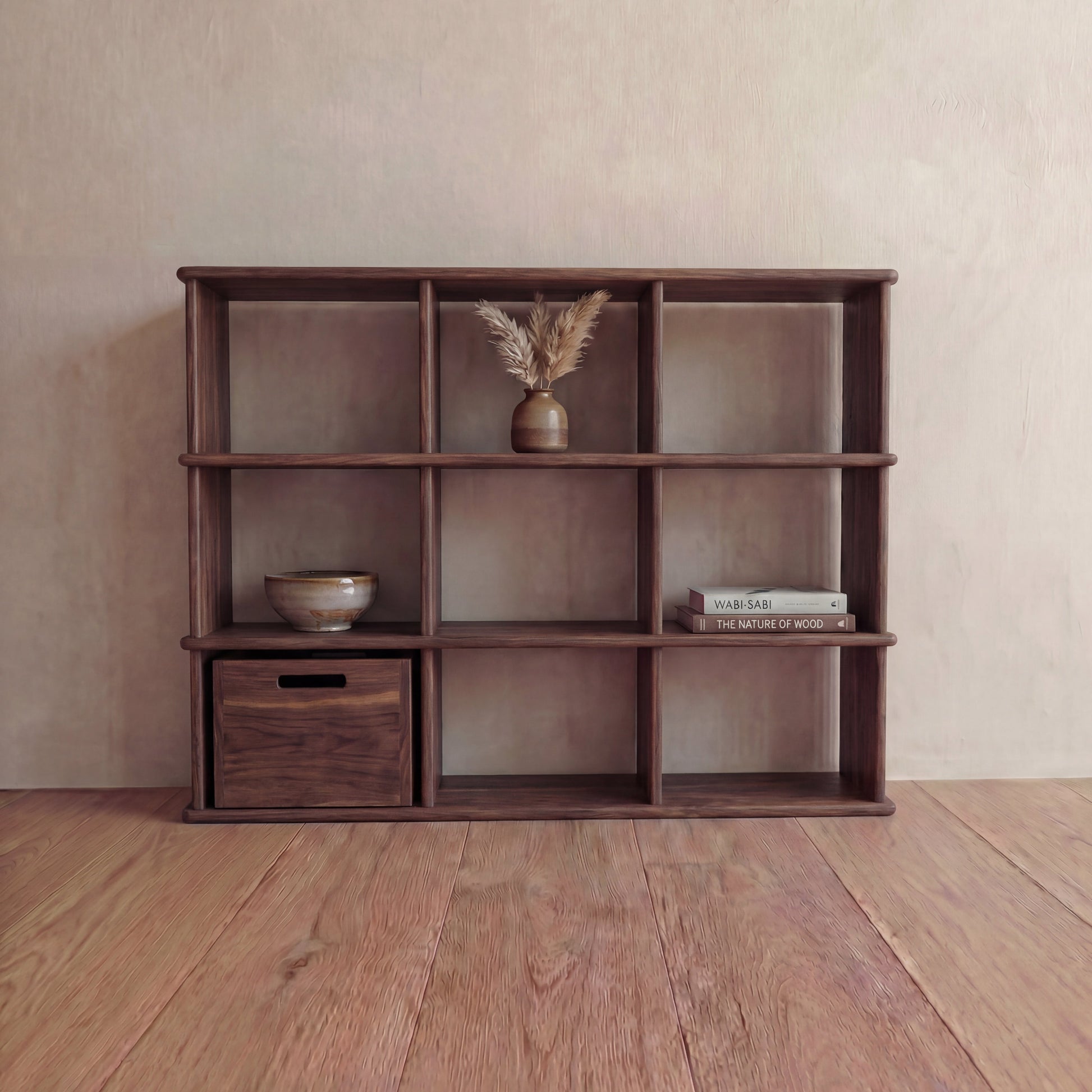Nine cube bookshelf in walnut