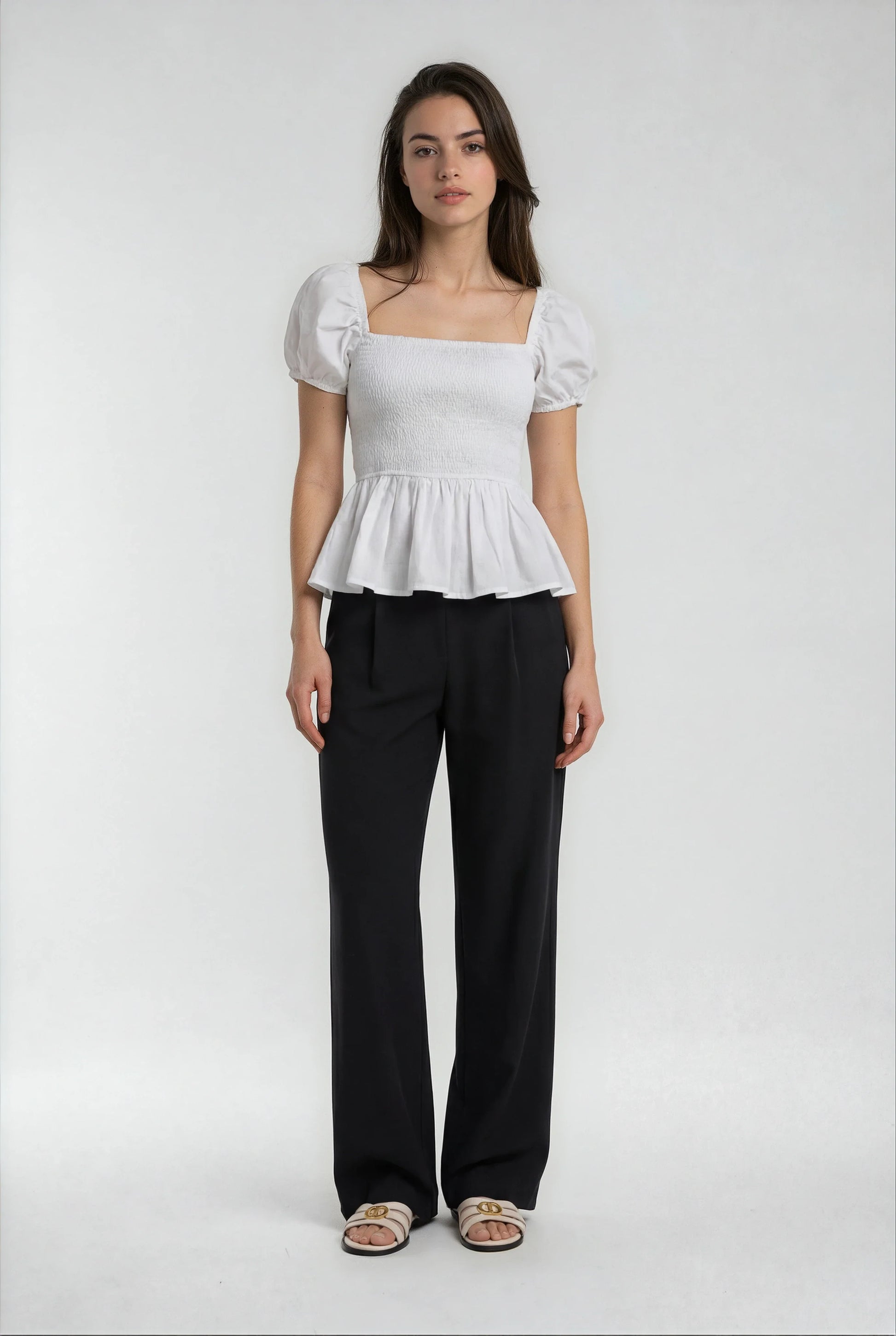 Sera – Cotton Poplin Puff Sleeve Peplum Blouse Top In White