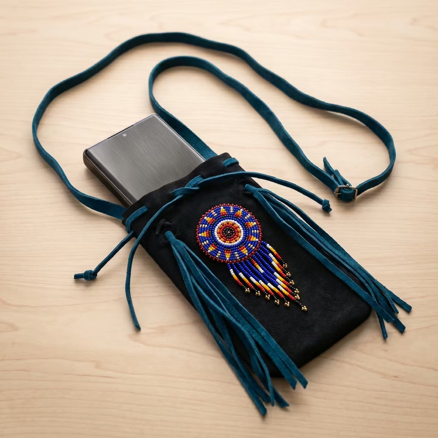 Beaded Suede Phone Pouch ~ Black turquoise