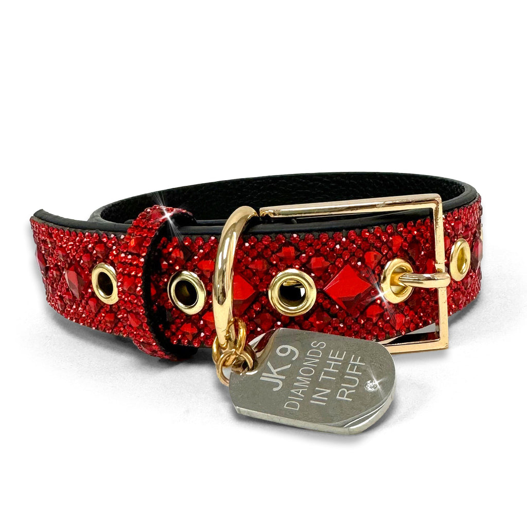 Luxury Ruby Red Print Dog Collar – Gold Hardware | Soft Vegan Leather, Adjustable Sizes