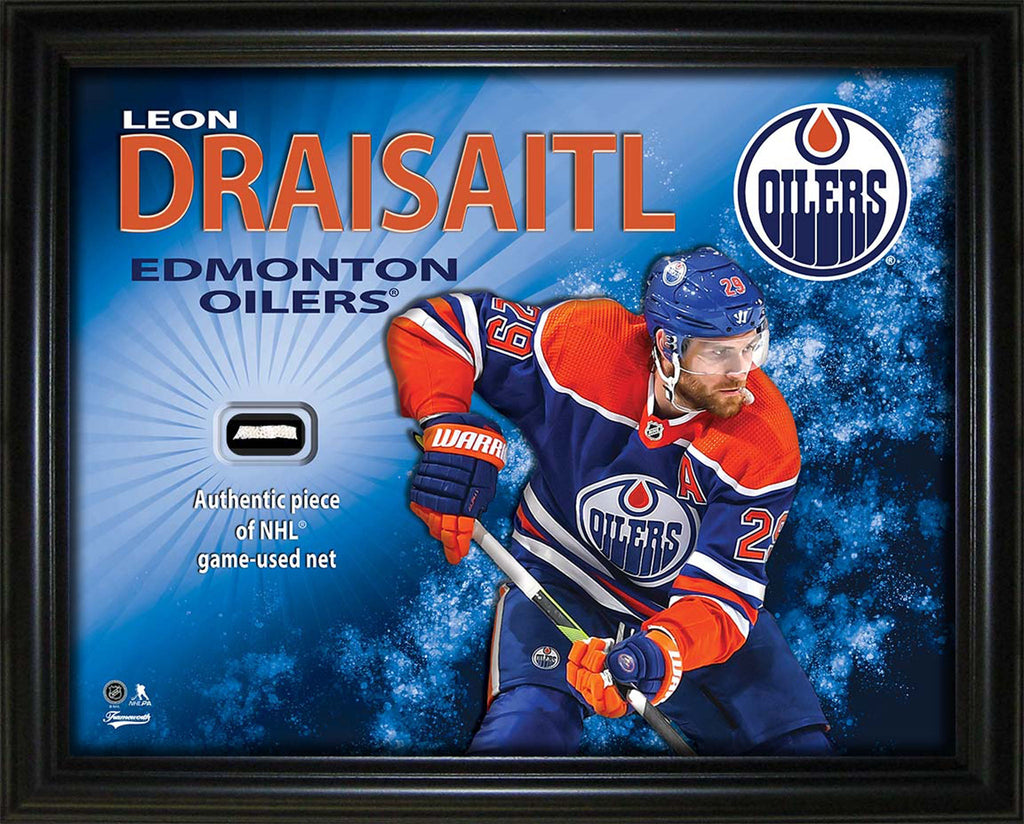 Cadre photo en verre 16x20 de Leon Draisaitl avec filet authentique utilisé lors d'un match de la LNH – Oilers d'Edmonton