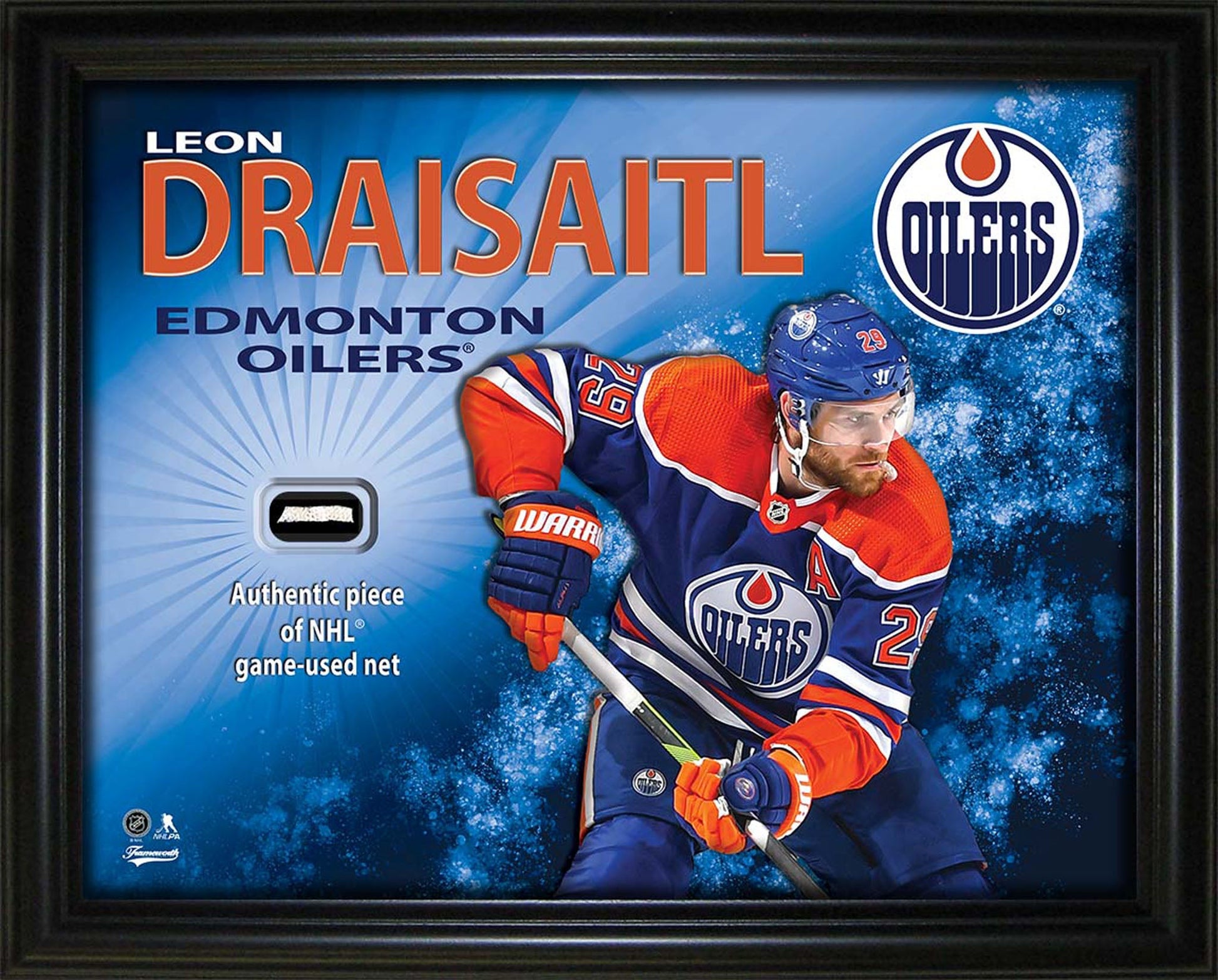 Cadre photo en verre 16x20 de Leon Draisaitl avec filet authentique utilisé lors d'un match de la LNH – Oilers d'Edmonton