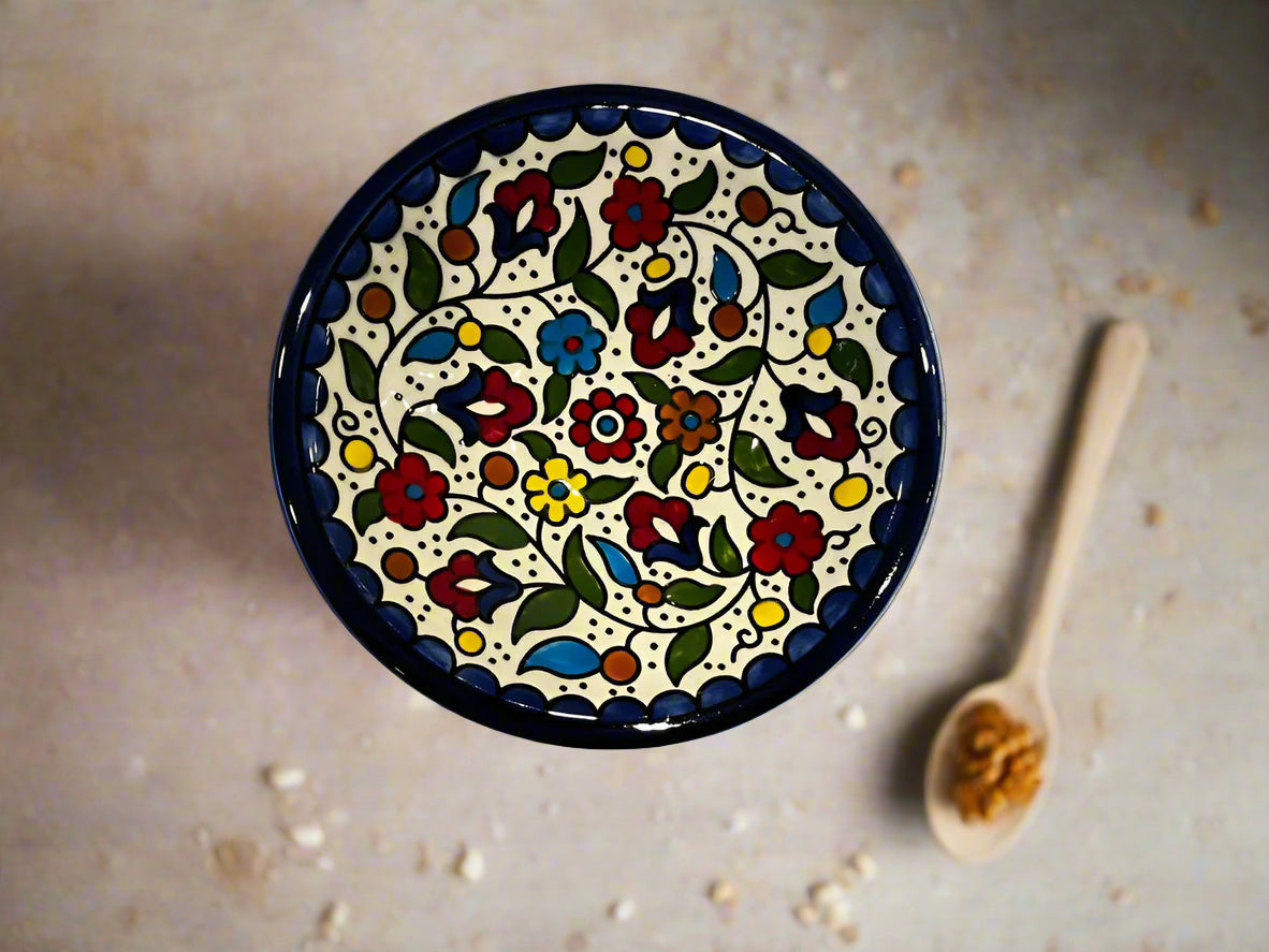 Handcrafted Ceramic Serving Bowl – 7.5 Inch Soup, Soup & Salad Bowl | Olive Harmony & Garden Rose Vine Designs