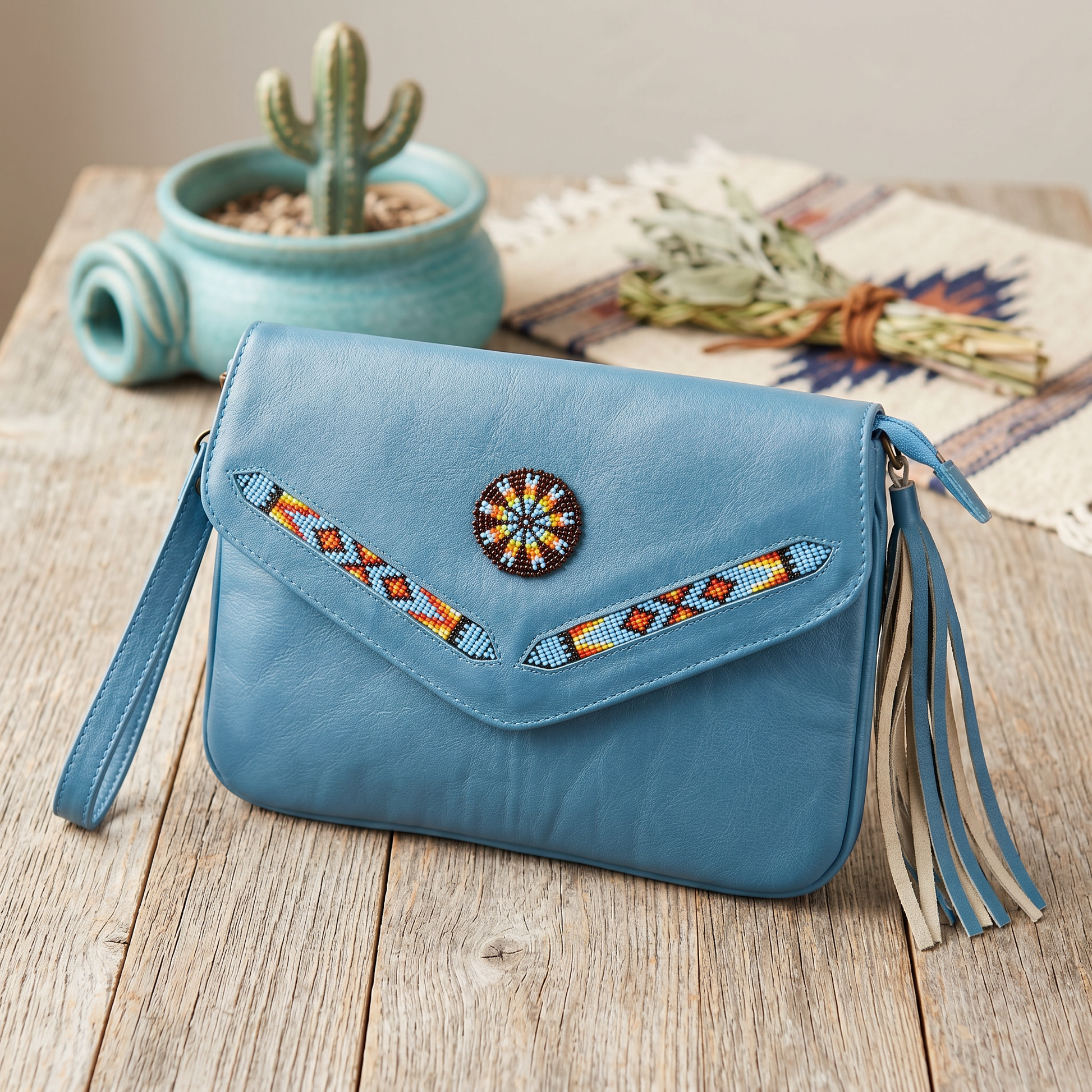 Leather beaded Crossbody bag(Turquoise )